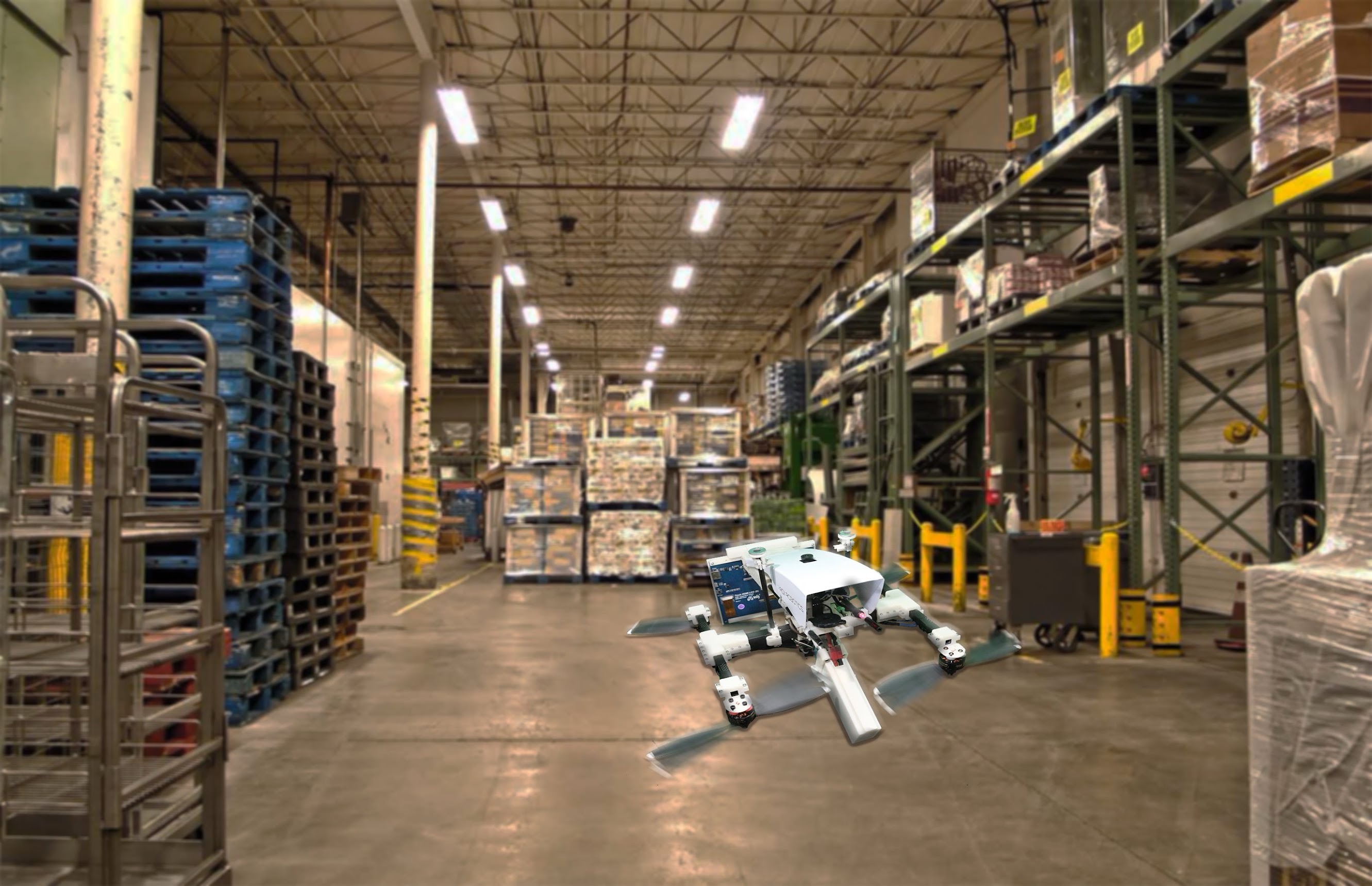 Robotics drone demonstrated inside a warehouse environment.