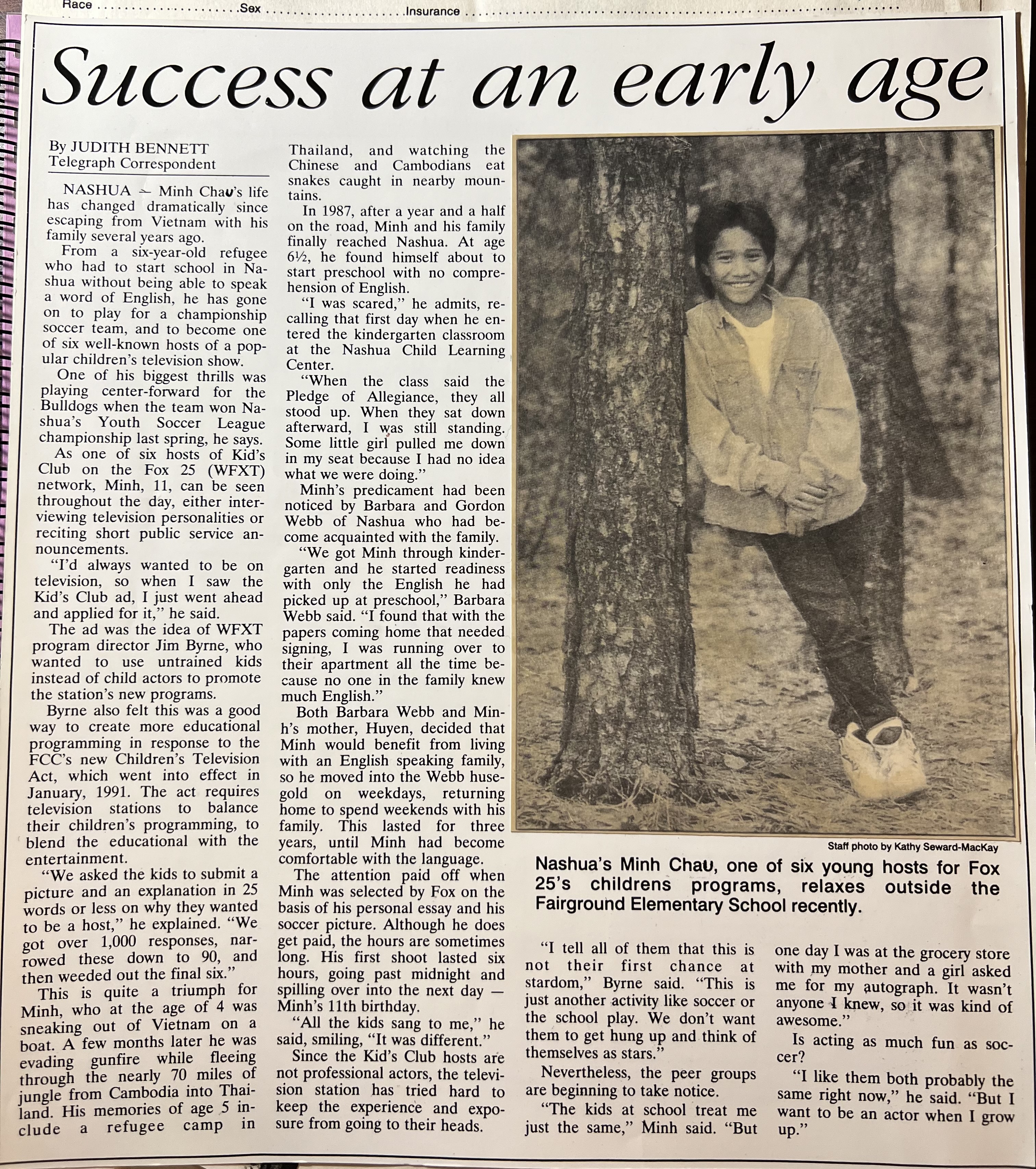 Newspaper clipping titled “Success at an early age,” featuring a childhood photograph and an article about growing up in Nashua.