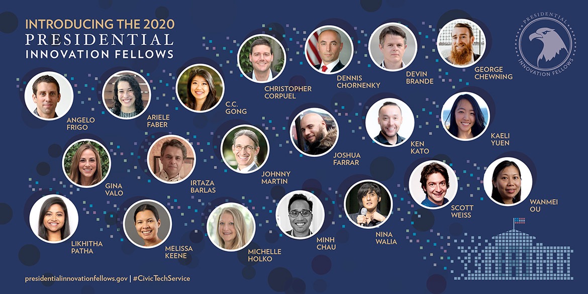 Graphic introducing the 2020 Presidential Innovation Fellows cohort with portraits and names of the fellows.