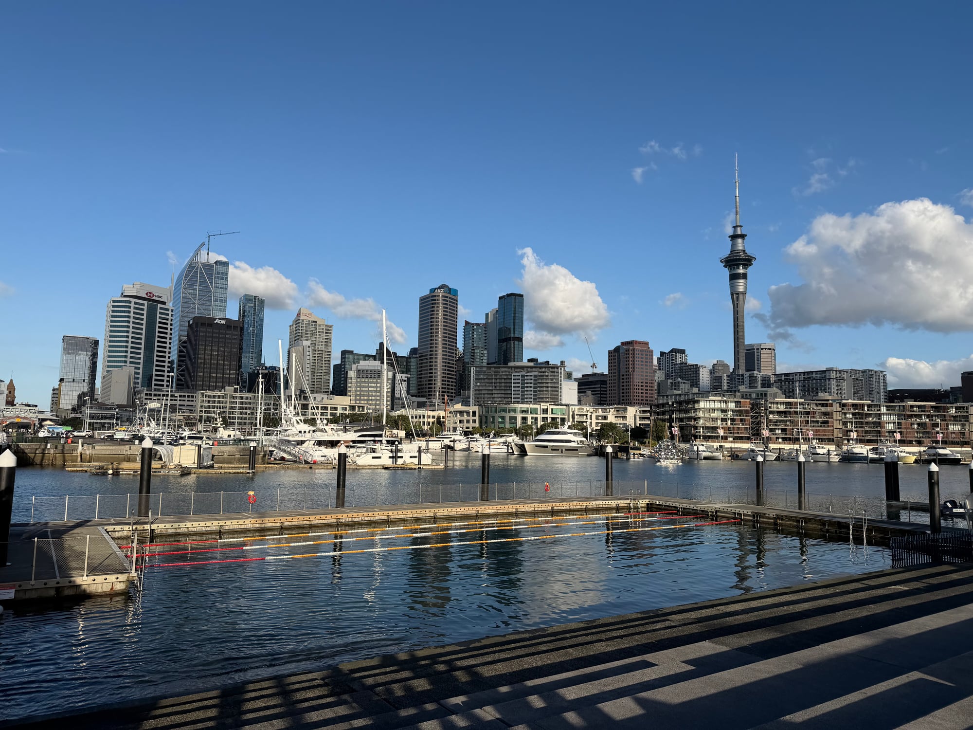 Auckland waterfront skyline and marina under a blue sky.